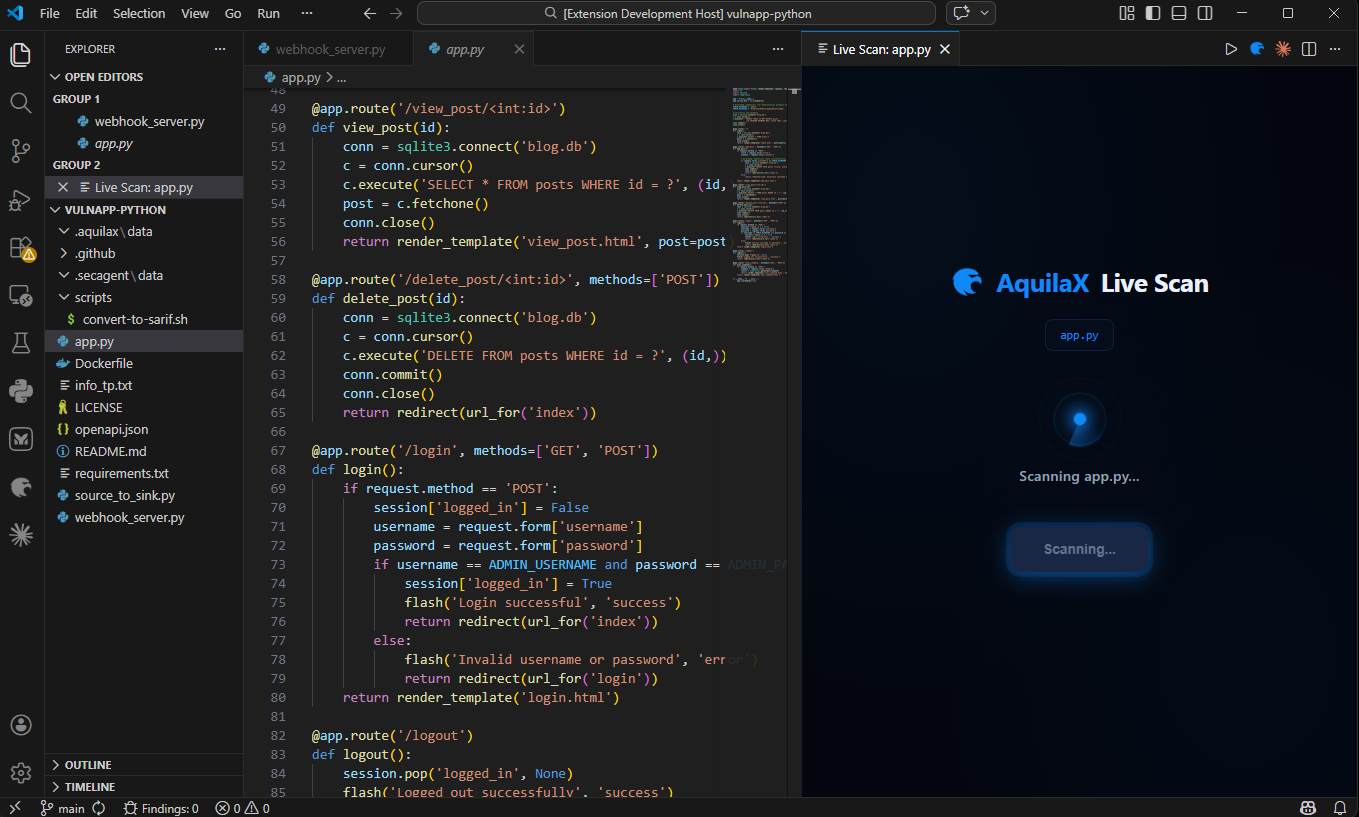 Live Scan panel with animated radar spinner showing the file being scanned